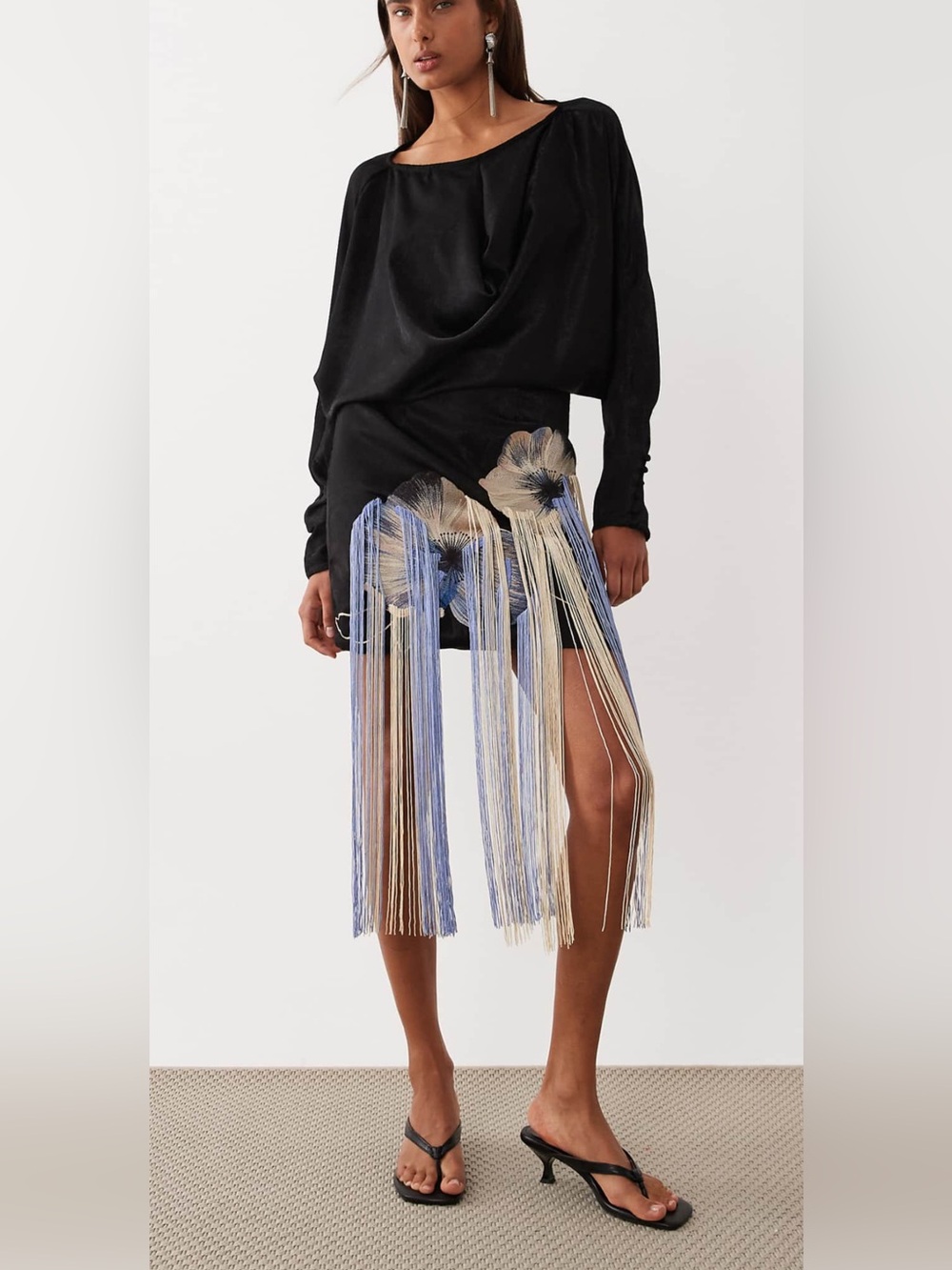ASOS DESIGN satin floral embroidered maxi dress with fringe in black